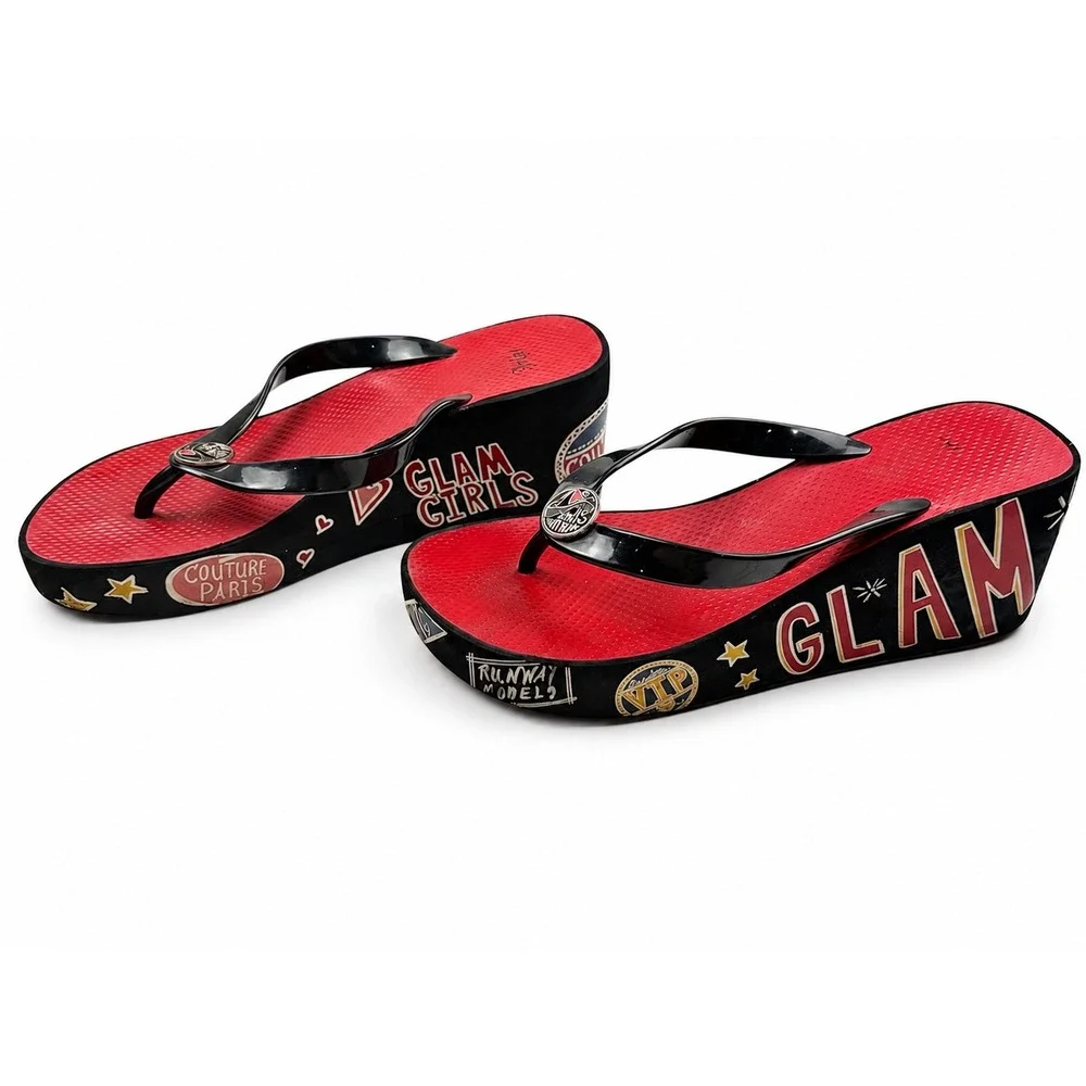 Brighton Vintage Y2K Glam Red Platform Wedge Flip Flops Women's Size 8
